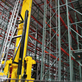 ASRS Crane Entering Pallet Rack System