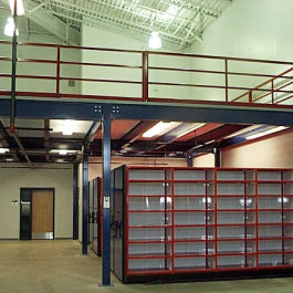 Steel Mezzanine with Warehouse Parts Storage Bins Below