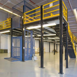 Steel Mezzanine with Enclosed Cage Lift and Safety Gates