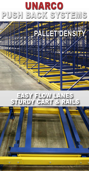 Push-Back-Dense-Storage UNARCO Push Back Rack carts are constructed of sturdy steel and nest within each other to help keep vertical space available for pallet storage.
