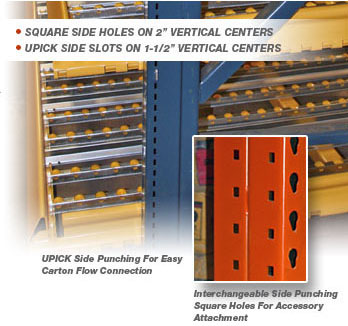 sidepunch UNARCO Interchangeable pallet racking uprights can be punched with holes on 2″ vertical centers for attaching durability add-ons or accessories or the UPICK slotted side punching for ease of installing Carton Flow rack shelves.
