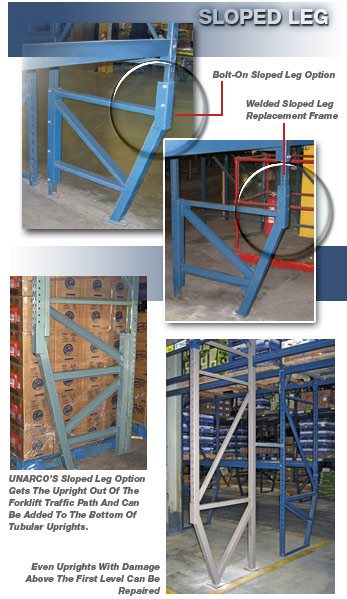 Sloped Leg Sloped-Leg pallet rack repair removes the lower upright from the path of forklift traffic