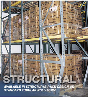structural Sloped Leg Drive-In Rack upright gets the lower section of the pallet rack out of the path of forklift traffic.