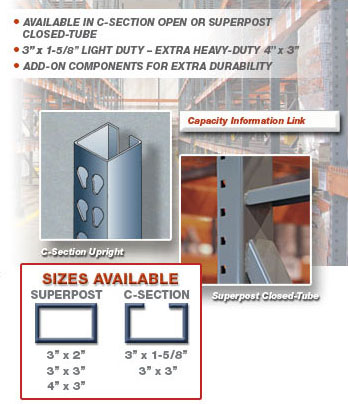 UNARCO Interchangeable pallet racking upright sizes range from 3" x 1-5/8″ to 4"×3" and come in a variety of open and closed tube post sections.