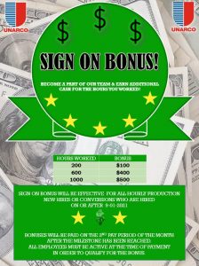 UNARCO Sign On Bonus Incentive